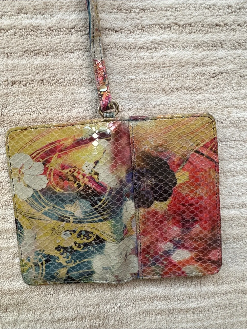 Hobo International Leather Wristlet Wallet Snakeskin Embossed Floral Multicolor